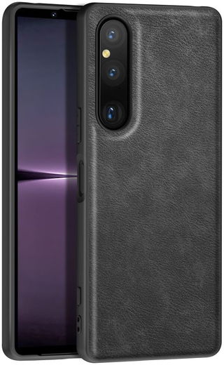 Sony Xperia 1 V Hoesje Kunstleer Coating Back Cover Zwart afbeelding 1