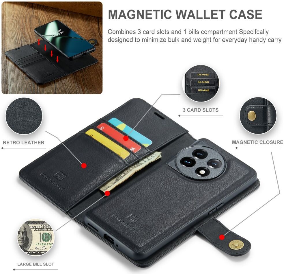 DG Ming OnePlus 11 Hoesje Retro Wallet Book Case Zwart afbeelding 4