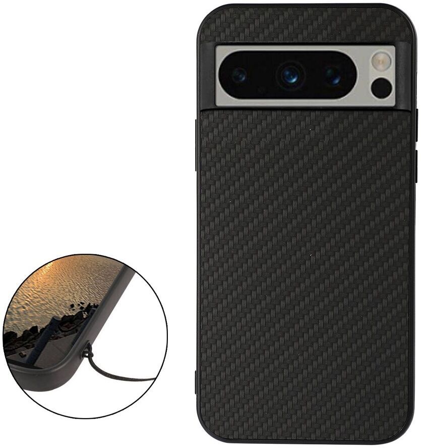 Google Pixel 8 Pro Hoesje Carbon Kunstleer Coating Back Cover Zwart afbeelding 2
