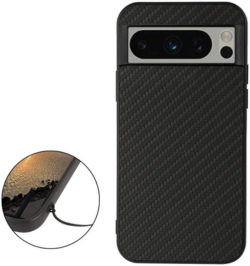 Google Pixel 8 Pro Hoesje Carbon Kunstleer Coating Back Cover Zwart afbeelding 2