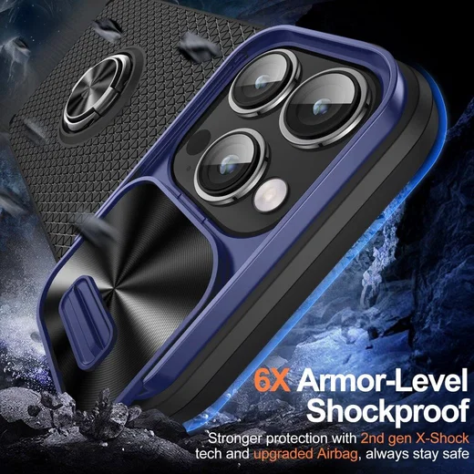 Apple iPhone 14 Pro Hoesje Camera Slider en Kickstand Ring Blauw Zwart afbeelding 2