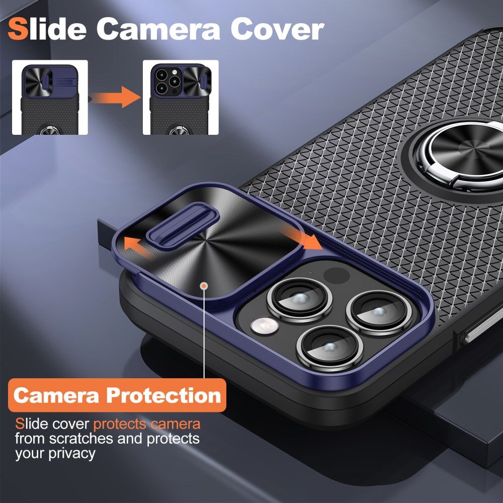 Apple iPhone 14 Pro Hoesje Camera Slider en Kickstand Ring Blauw Zwart afbeelding 3