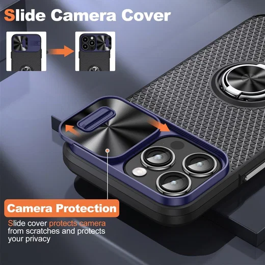 Apple iPhone 14 Pro Hoesje Camera Slider en Kickstand Ring Blauw Zwart afbeelding 3