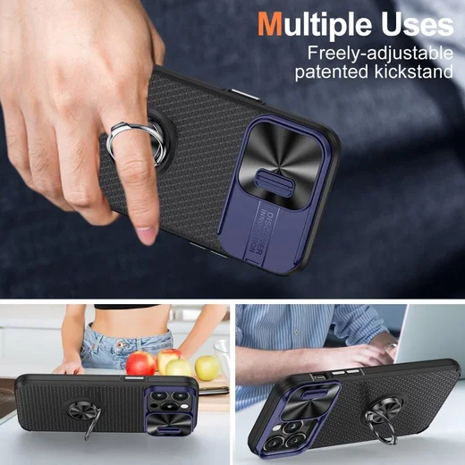 Apple iPhone 14 Pro Hoesje Camera Slider en Kickstand Ring Blauw Zwart afbeelding 6