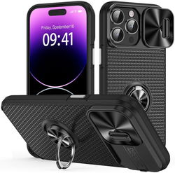 Apple iPhone 14 Pro Hoesje Camera Slider en Kickstand Ring Zwart afbeelding