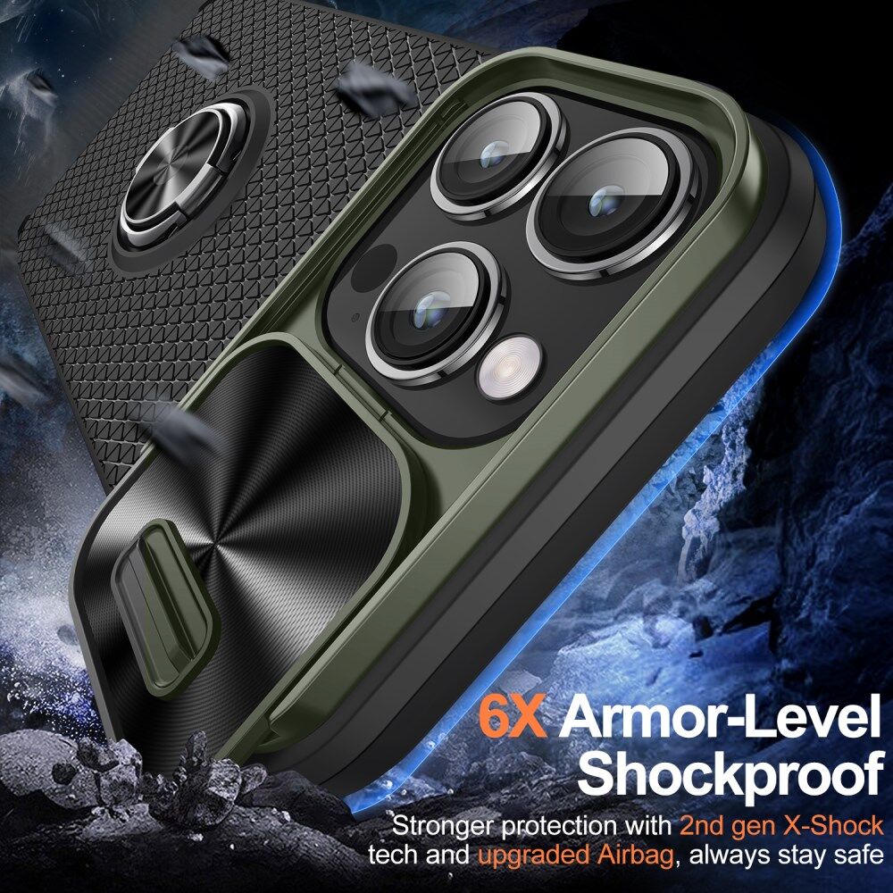 Apple iPhone 14 Pro Hoesje Camera Slider en Kickstand Ring Groen Zwart afbeelding 2