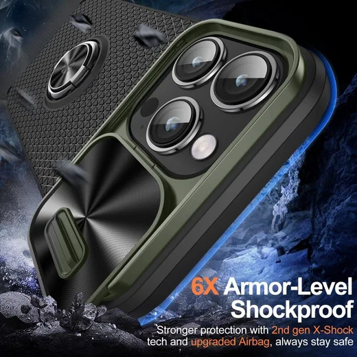 Apple iPhone 14 Pro Hoesje Camera Slider en Kickstand Ring Groen Zwart afbeelding 2