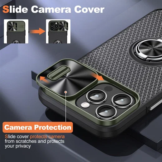 Apple iPhone 14 Pro Hoesje Camera Slider en Kickstand Ring Groen Zwart afbeelding 3