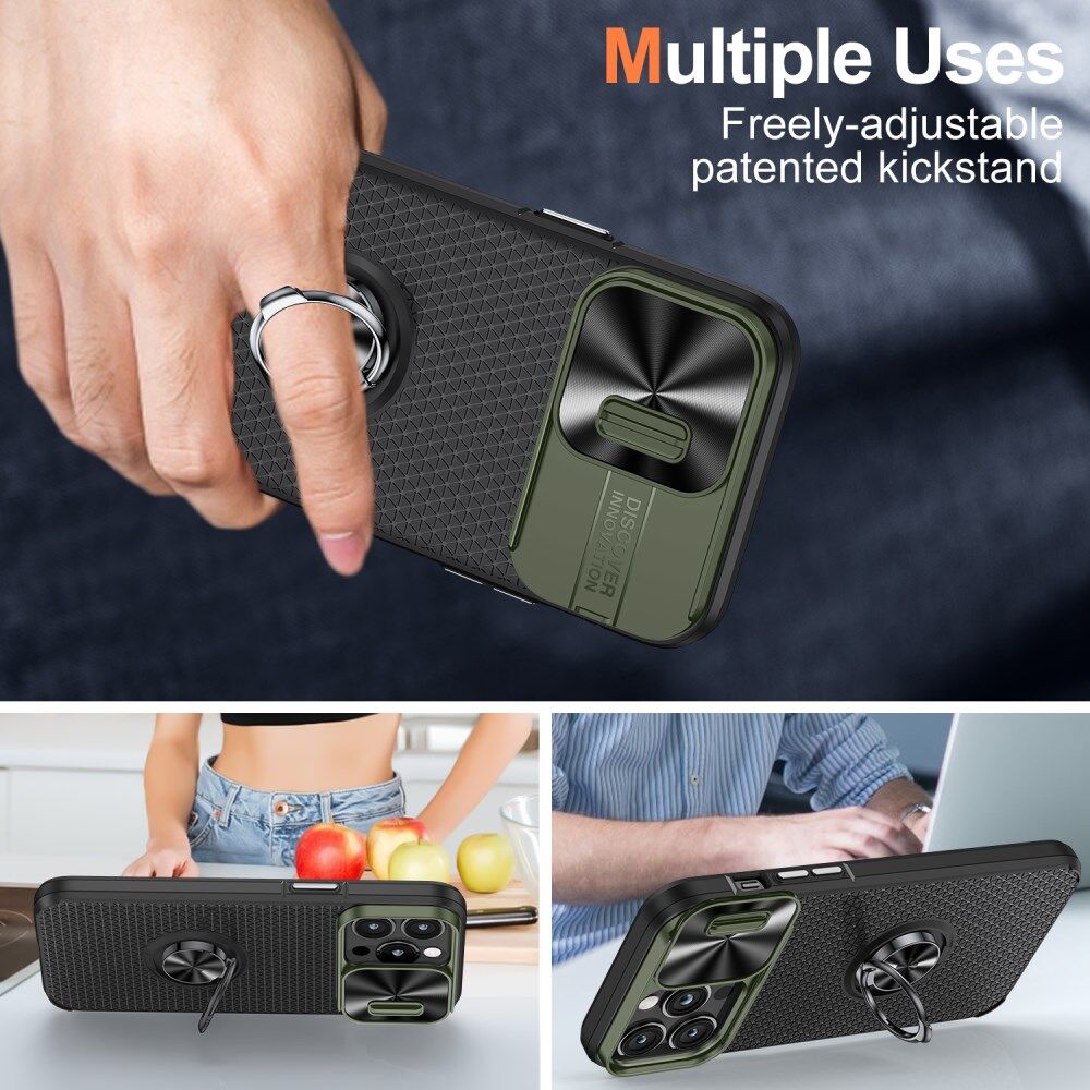 Apple iPhone 14 Pro Hoesje Camera Slider en Kickstand Ring Groen Zwart afbeelding 6