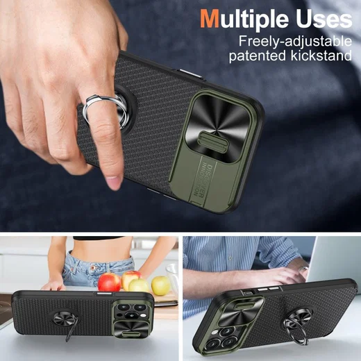 Apple iPhone 14 Pro Hoesje Camera Slider en Kickstand Ring Groen Zwart afbeelding 6