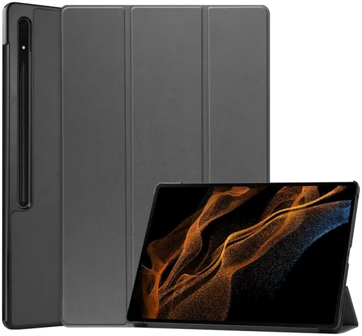 Samsung Galaxy Tab S8 Ultra Hoes Tri-Fold Book Case Standaard Grijs afbeelding 1