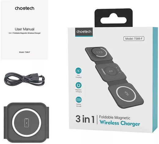 Choetech 3-in-1 Opvouwbare Draadloze Lader iPhone/AirPods/Watch Zwart afbeelding 10