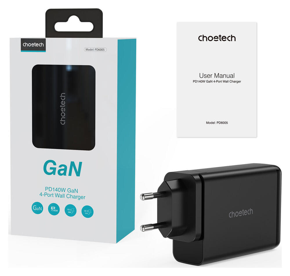 Choetech 140W USB en USB-C Snellader GaN Adapter Zwart afbeelding 5