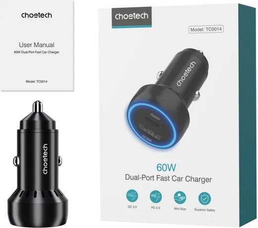 Choetech 60W Duo Fast Charge Autolader USB-A + USB-C Zwart afbeelding 6