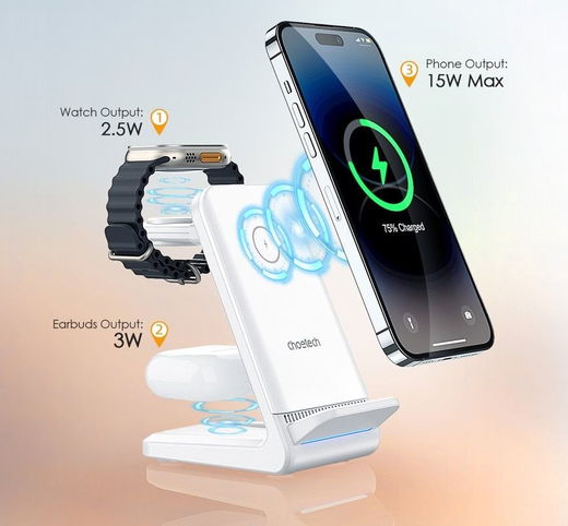 Choetech 3-in-1 Draadloze Oplader 15W Smartphone/Oortjes/Watch Wit afbeelding 3