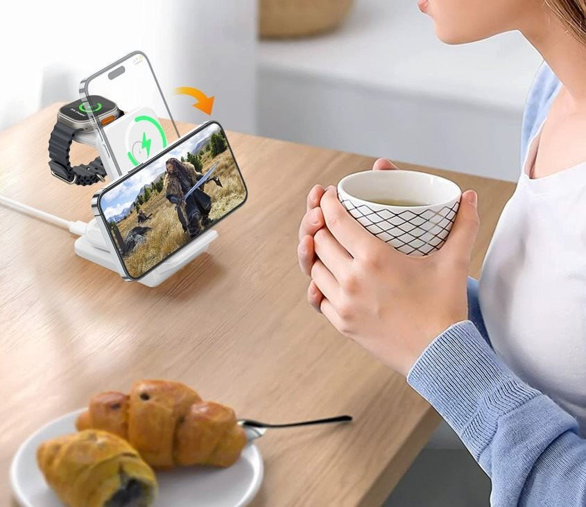 Choetech 3-in-1 Draadloze Oplader 15W Smartphone/Oortjes/Watch Wit afbeelding 6