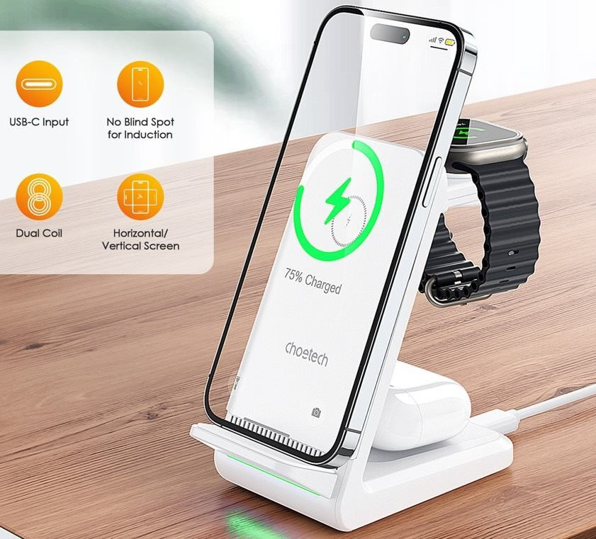 Choetech 3-in-1 Draadloze Oplader 15W Smartphone/Oortjes/Watch Wit afbeelding 7