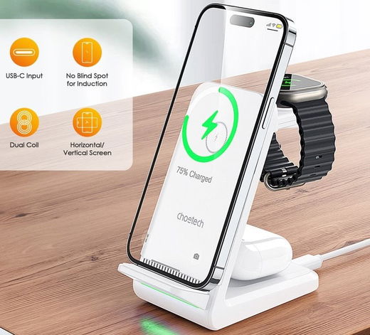 Choetech 3-in-1 Draadloze Oplader 15W Smartphone/Oortjes/Watch Wit afbeelding 7