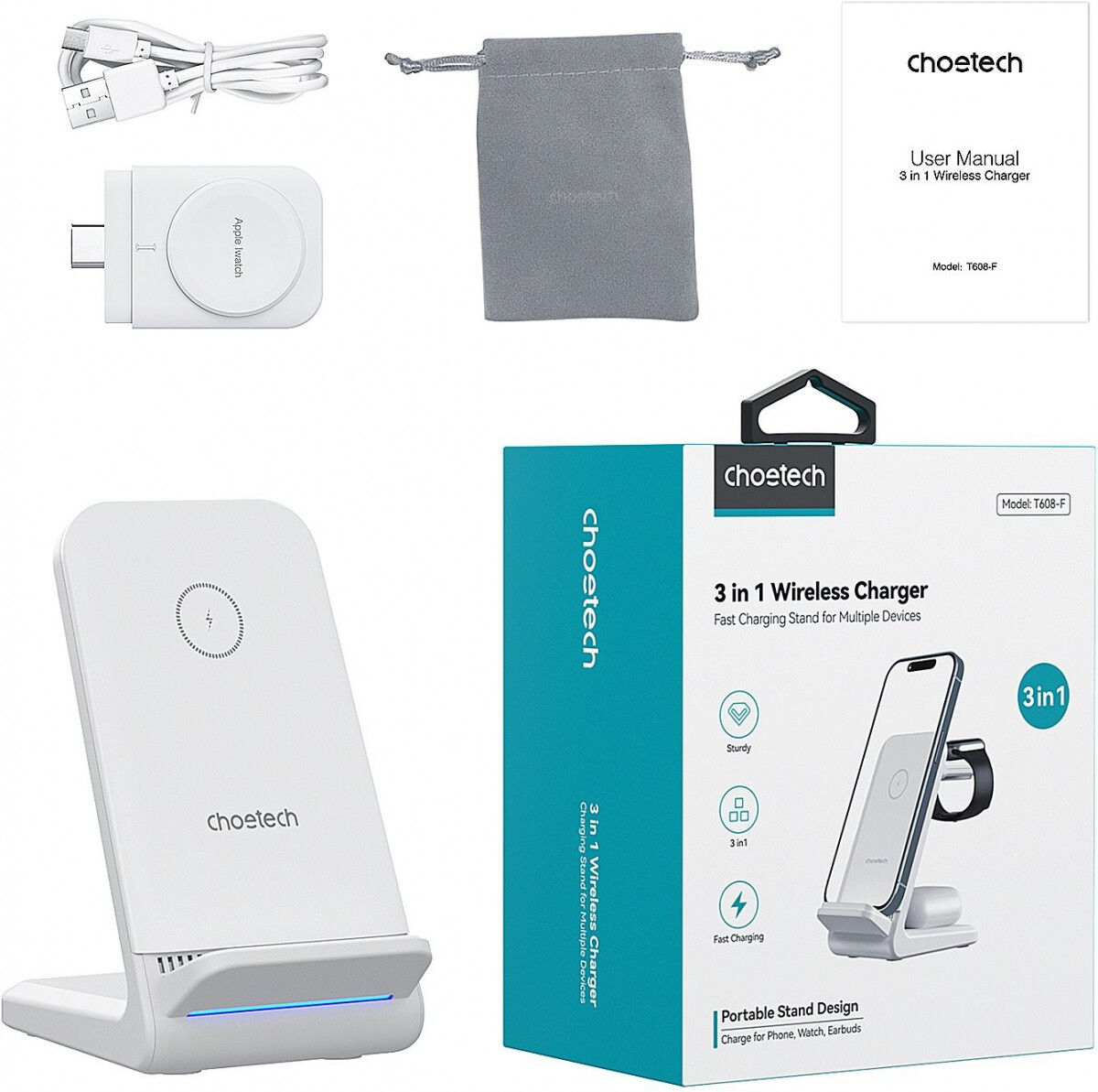 Choetech 3-in-1 Draadloze Oplader 15W Smartphone/Oortjes/Watch Wit afbeelding 9