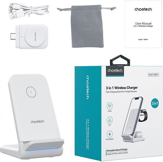 Choetech 3-in-1 Draadloze Oplader 15W Smartphone/Oortjes/Watch Wit afbeelding 9