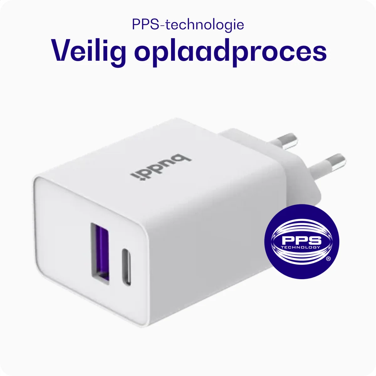 Buddi 30W GaN Mini Oplader USB-C Power Delivery + USB-A QC 4.0 Wit afbeelding 4