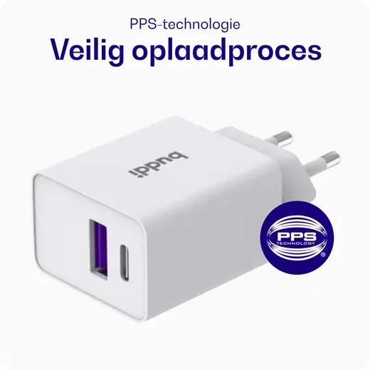 Buddi 30W GaN Mini Oplader USB-C Power Delivery + USB-A QC 4.0 Wit afbeelding 4