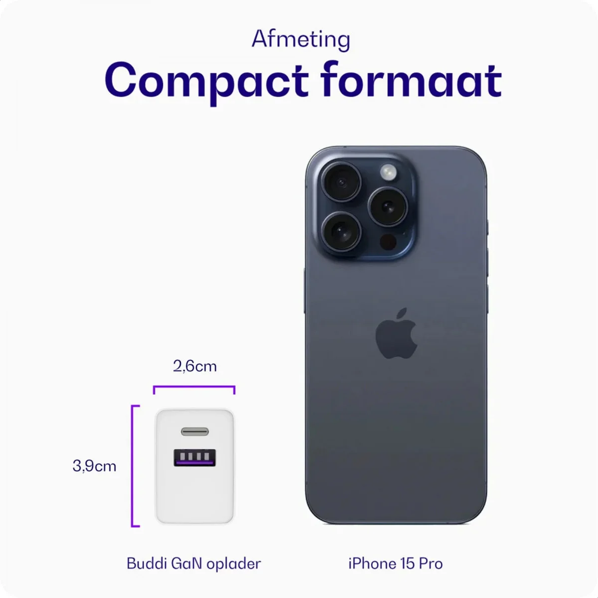 Buddi 30W GaN Mini Oplader USB-C Power Delivery + USB-A QC 4.0 Wit afbeelding 3