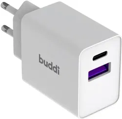 Buddi 30W GaN Mini Oplader USB-C Power Delivery + USB-A QC 4.0 Wit afbeelding