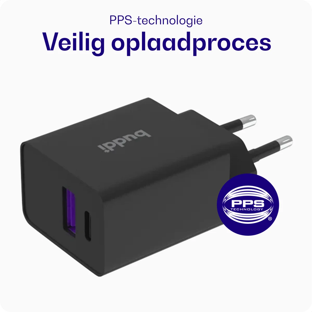 Buddi 30W GaN Mini Oplader USB-C Power Delivery + USB-A QC 4.0 Zwart afbeelding 4