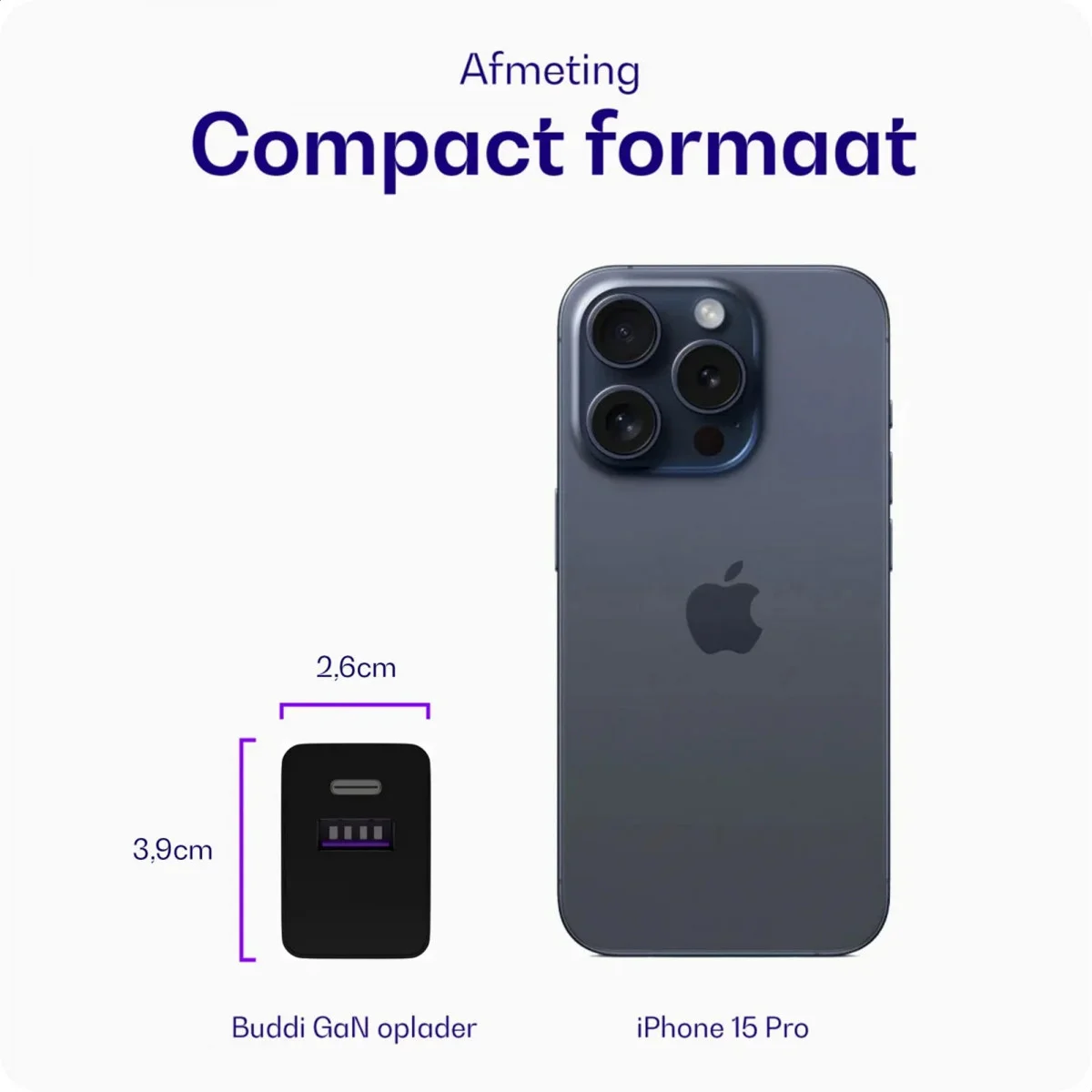 Buddi 30W GaN Mini Oplader USB-C Power Delivery + USB-A QC 4.0 Zwart afbeelding 3