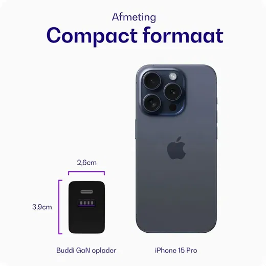 Buddi 30W GaN Mini Oplader USB-C Power Delivery + USB-A QC 4.0 Zwart afbeelding 3