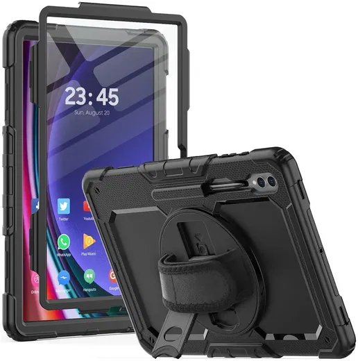 Samsung Galaxy Tab S10 Ultra/S9 Ultra Hoes met Screenprotector en Handriem Zwart afbeelding 1