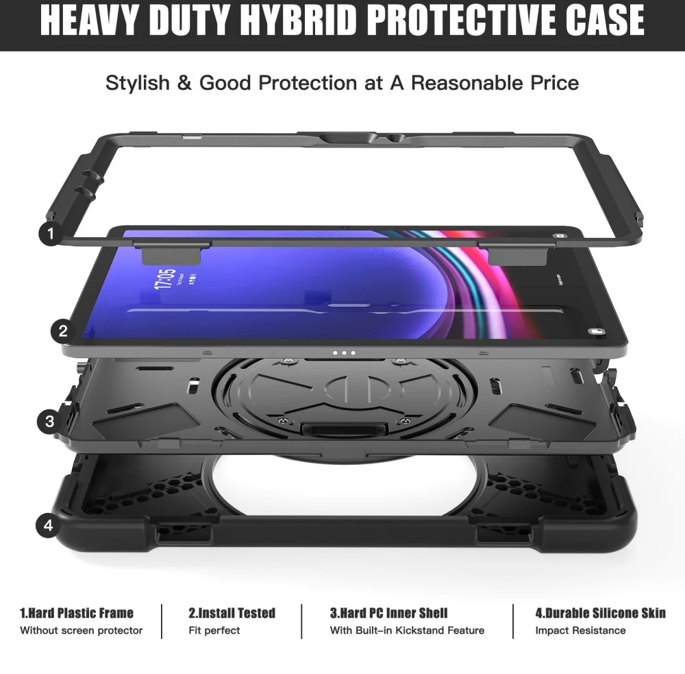 Samsung Tab S10 Lite / S10 FE / S9 FE / S9 Hoes met Kickstand en Handriem Zwart afbeelding 3
