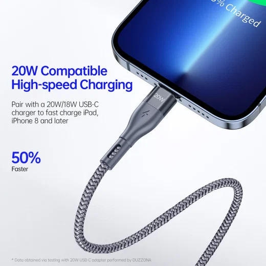 Duzzona 2.22A USB-C naar Lightning Kabel 20W Power Delivery 2M Grijs afbeelding 3