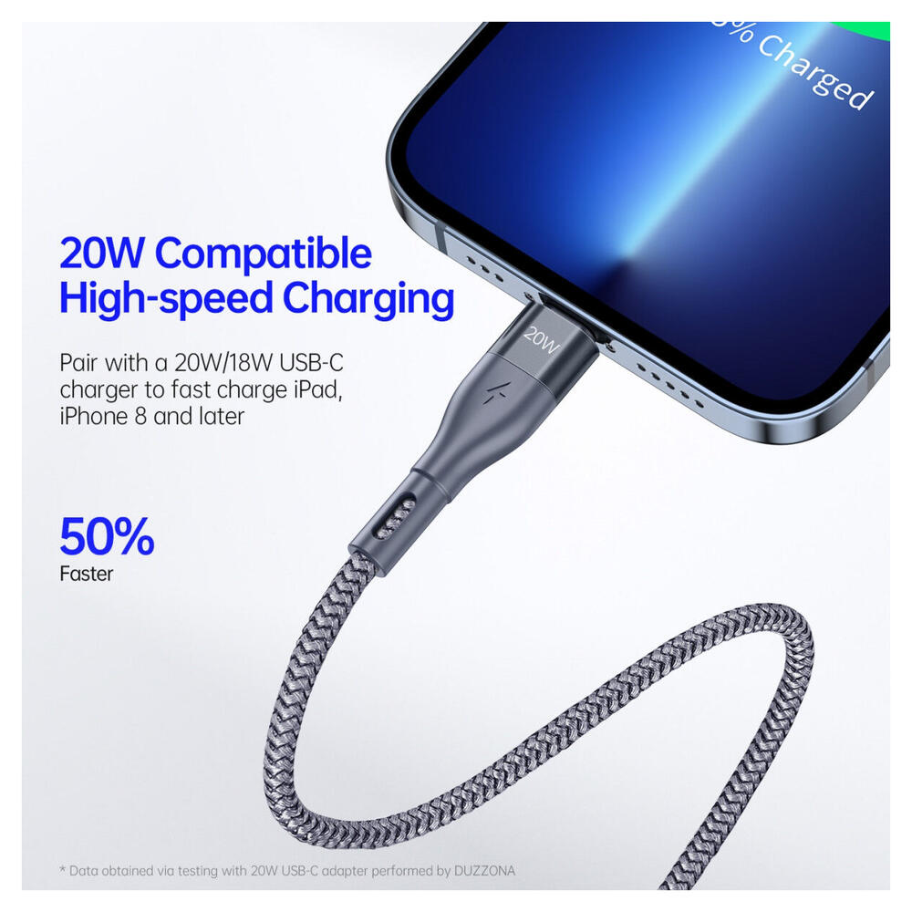 Duzzona 2.22A USB-C naar Lightning Kabel 20W Power Delivery 3M Grijs afbeelding 3