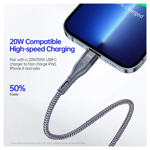 Duzzona 2.22A USB-C naar Lightning Kabel 20W Power Delivery 3M Grijs afbeelding 3