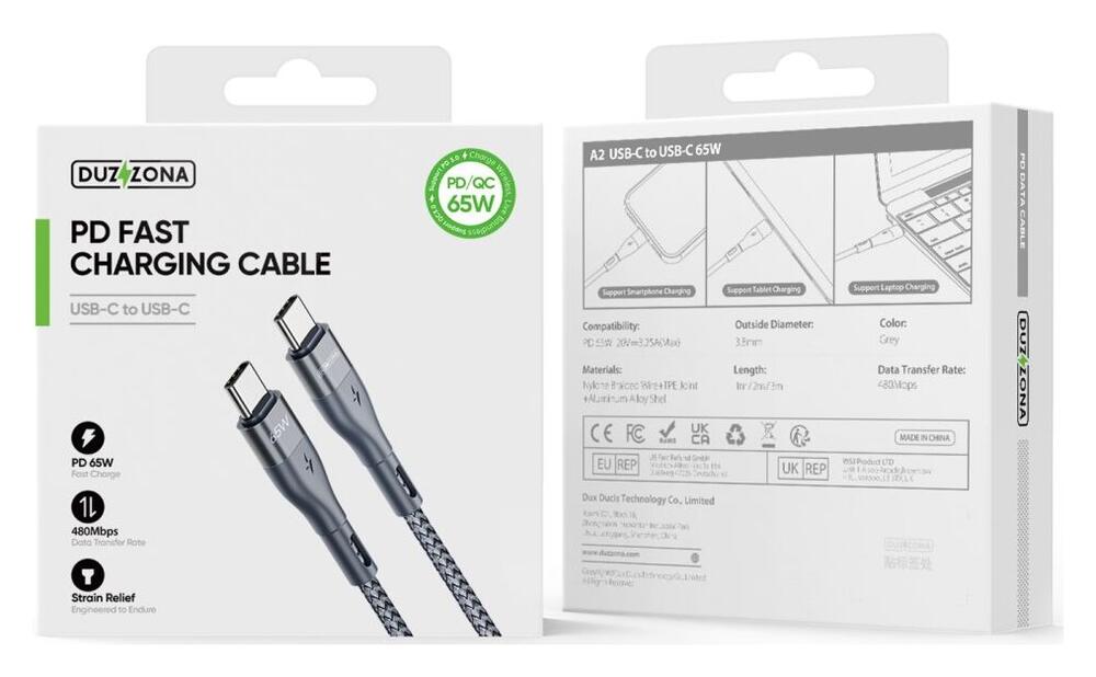 Duzzona 3.25A USB-C naar USB-C Kabel met Power Delivery 65W 2M Grijs afbeelding 13