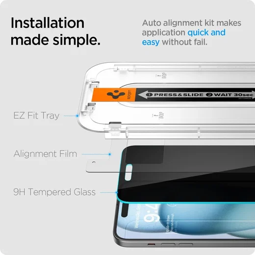 Spigen EZ Fit Glas.tR Apple iPhone 16 / 15 Privacy Glass (2-Pack) afbeelding 4