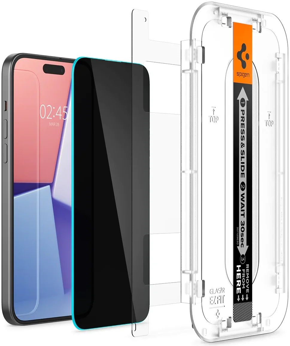 Spigen EZ Fit Glas.tR Apple iPhone 16 / 15 Privacy Glass (2-Pack) afbeelding 12