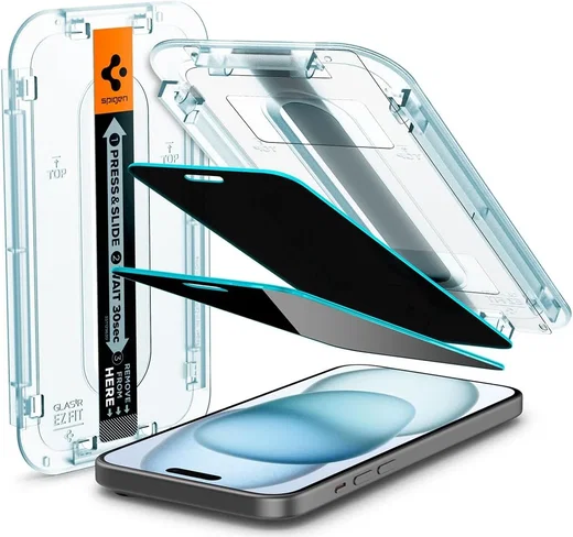 Spigen EZ Fit Glas.tR Apple iPhone 16 / 15 Privacy Glass (2-Pack) afbeelding 1