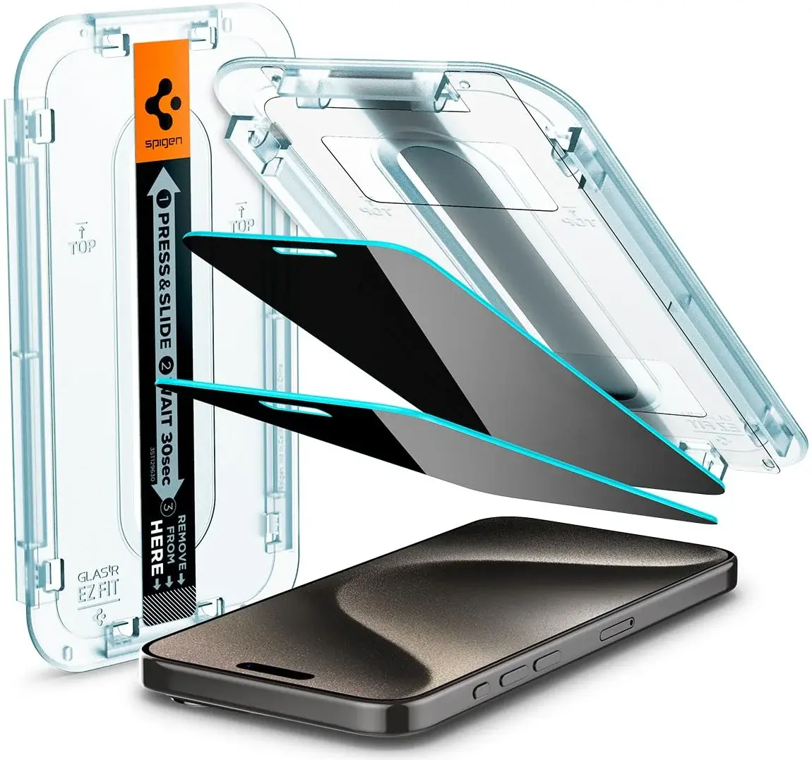 Spigen EZ Fit Glas.tR Apple iPhone 15 Pro Max Privacy Glass (2-Pack) afbeelding 1