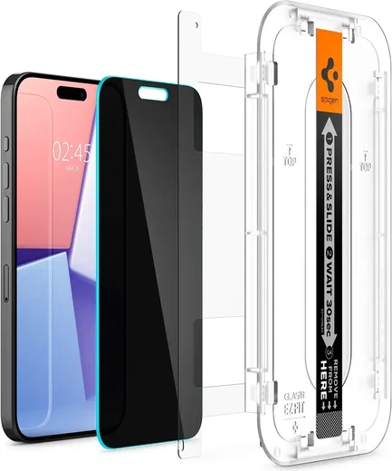 Spigen EZ Fit Glas.tR Apple iPhone 15 Pro Max Privacy Glass (2-Pack) afbeelding 12