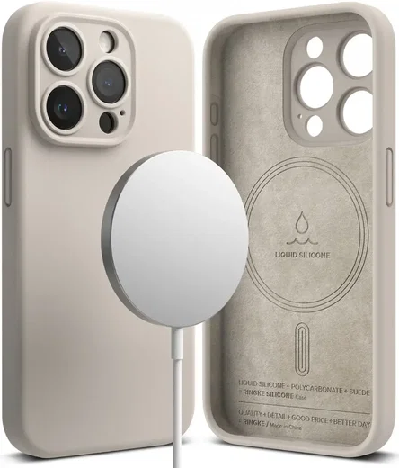 Ringke Silicone Apple iPhone 15 Pro Hoesje Back Cover MagSafe Beige afbeelding 1