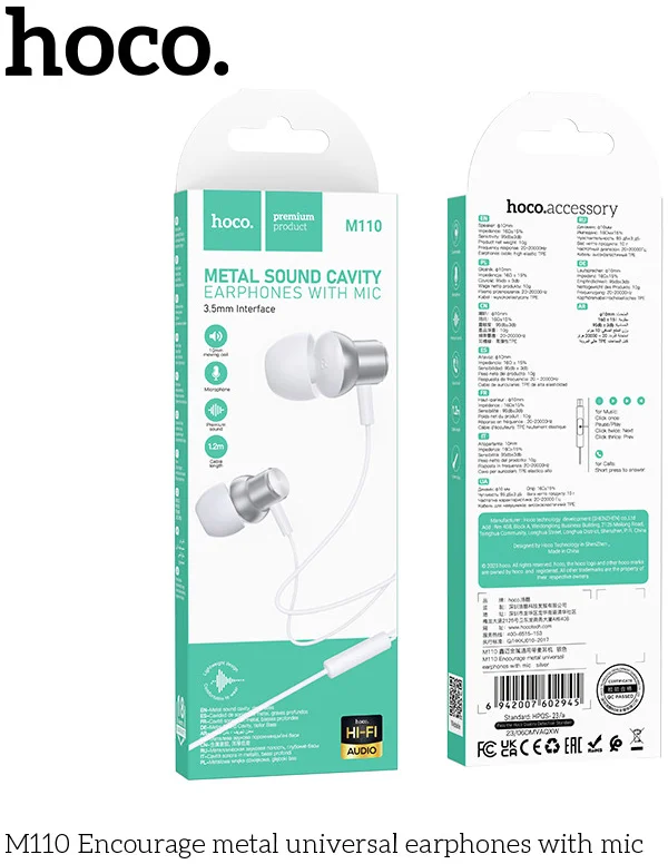 Hoco M110 Bedrade In-Ear Oordopjes 3.5mm Jack Headset Zilver afbeelding 5