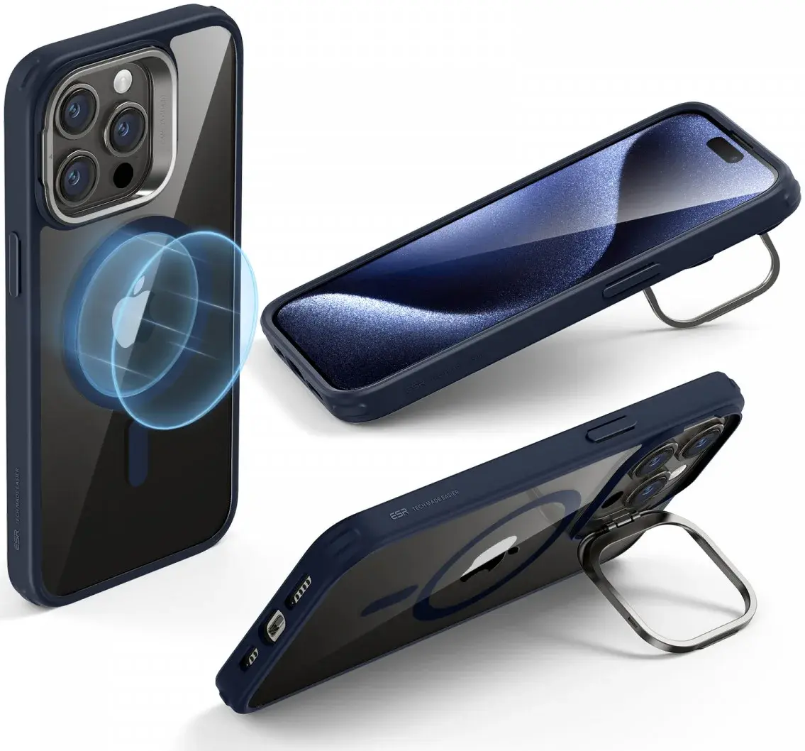 ESR Classic Hybrid Stand MagSafe iPhone 15 Pro Max Hoesje Clear Blauw afbeelding 2