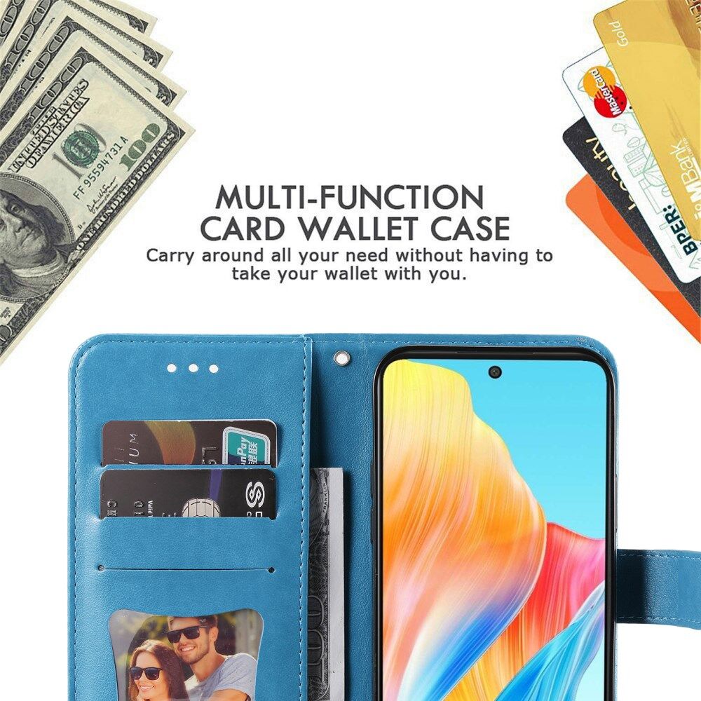 Oppo A98 Hoesje Wallet Flower Book Case Kunstleer Blauw afbeelding 3