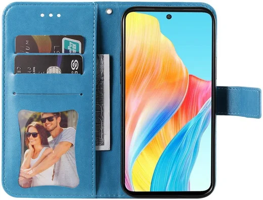 Oppo A98 Hoesje Wallet Flower Book Case Kunstleer Blauw afbeelding 2