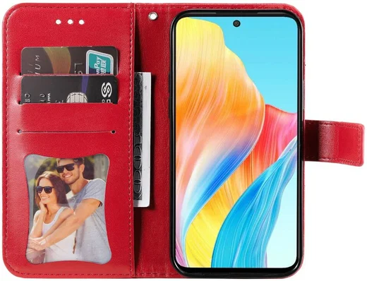 Oppo A98 Hoesje Wallet Flower Book Case Kunstleer Rood afbeelding 2