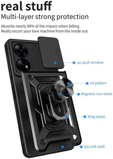 Oppo Reno8 T Hoesje met Camera Slider en Kickstand Ring Zwart afbeelding 9