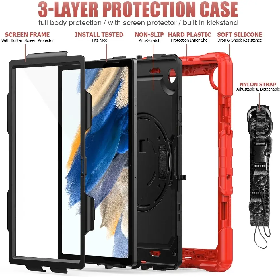 Samsung Galaxy Tab A8 Hoes met Screen Protector en Handriem Rood afbeelding 4